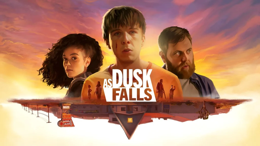 PS Plus October 2025, promotional game art for As Dusk Falls showing main characters and a motel scene in a desert motel. The background is a pinkie orange sunset.