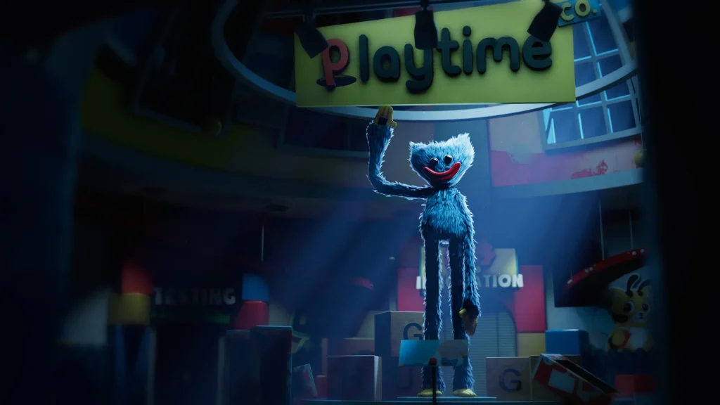 PS Plus October 2025, promotional game art for Poppy's Playtime: Chapter 1, showing the toy factory interior with the blue toy character.
