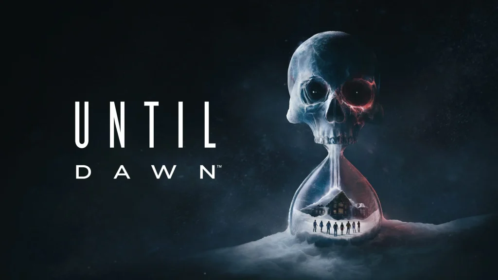 PS Plus October 2025, Promotional image for Until Dawn showing an hourglass, inside is a snowy mountain cabin and the top half is a horror-inspired skull.