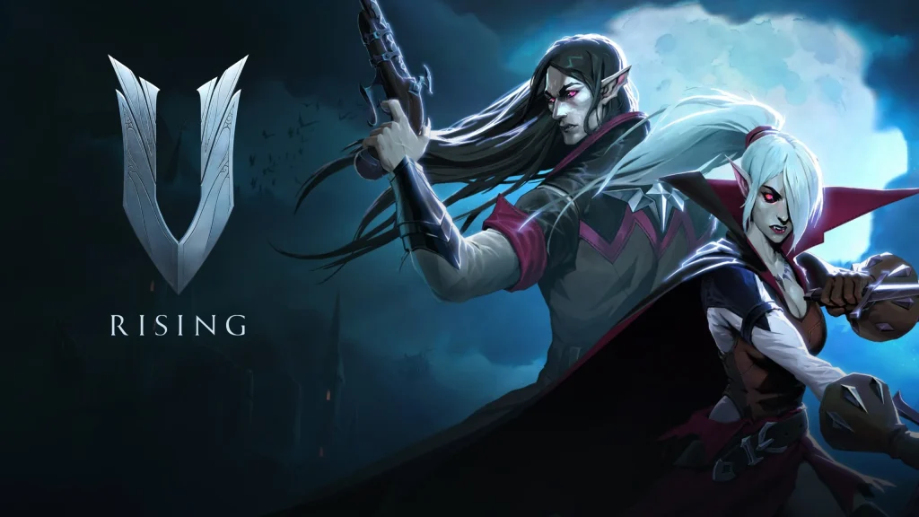 PS Plus October 2025, Artwork from V Rising featuring vampire characters wielding weapons against a dark, stormy backdrop.