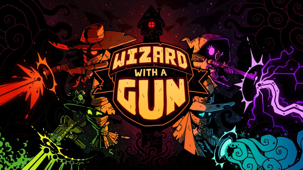 PS Plus October 2025, promotional game art for Wizard With A Gun, it show four charters wielding weapons, the background is a wizards tower on a dark and eerie night.