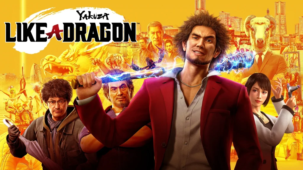 PS Plus October 2025, promotional game art of Yakuza: Like a Dragon’s main character Ichiban Kasuga with cityscape backdrop, he is surrounded by other in game characters.